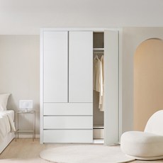 보루네오 E0 네오3단서랍 여닫이 작은방 붙박이장 150cm 5자 매립형 손잡이, 화이트