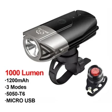 BIKEONO 1000LM 자전거 라이트 전면 램프 B T6 LED M방수 헤드 손전등 악세사리, 08 Silver 1200mAh Set, 1개