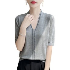 여성용 브이넥 스판 반팔 니트 티셔츠 루즈핏 스톤디테일 데일리룩 J5304