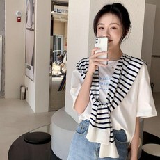 스트라이프가디건 페이크스카프 울 양모 니트 숄 스트라이프 가디건 어깨 페이크 스카프 여성