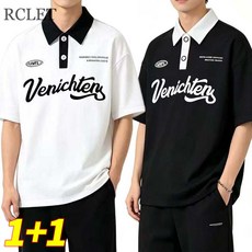 RCLET 1+1 남성 여름 프린트 카라 티셔츠 5부 티셔츠 커플 티셔츠 루즈핏 캐주얼 티셔츠 상의