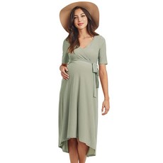 [ 1079143 ] 여성용 임산부 랩 드레스 미디 길이 허리 벨트 포함 세이지