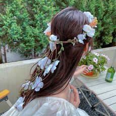 瑪妮 新娘仿真花流蘇花環女神頭飾髮飾, 1個, 款1純白