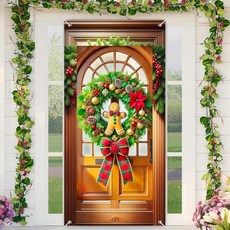 BlissYard Merry Christmas 도어 커버 88.9 x 180.9cm 35 71인치 홀리데이 현관 배너 장식 진저브레드 맨 솔방울 포인세티아 골드 볼 사인 배경, BlissYard Merry Christmas 도어 커