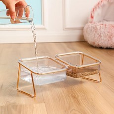 고양이 강아지 겸용 투명 사선형 이중 스탠드 반려동물 식기세트, 1개, 골드