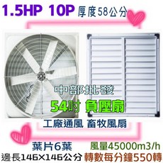 54吋六葉直結式負壓扇 工廠畜牧排風抽風通風散熱風機 1.5HP 風量45000m3/h, 機子+(請備註電壓)