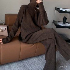 慵懶風高領拉鏈針織毛衣闊腿褲套裝女，韓版寬鬆秋冬保暖兩件式潮流女裝