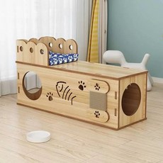 원목 박스 나무 터널 캣타워 스크래치보드 고양이 사각 숨숨집, C. 밝은 호두색 길이 80cm, A. 모든 사이즈에 맞습니다