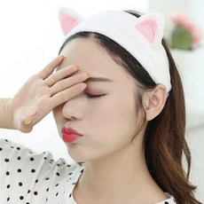 優選好貨 束髮帶女洗臉綁頭套，韓國可愛髮卡頭飾，化妝敷面膜髮飾，甜美簡約髮箍, 1個, 貓耳朵白