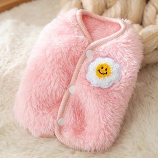 강아지 후리스 조끼 캐릭터 와펜 소형견 겨울 실내복, 분홍색 꽃