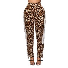 여성용 하이 웨이스트 프린지 팬츠 캐주얼 데이트 레이브 클럽 의상 레오파드 태슬 요가 레깅스 스웨트팬츠 얼룩말 XL