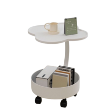 매이노 다용도 침대 사이드 테이블 꽃잎형, 화이트 바퀴있음형, 2단