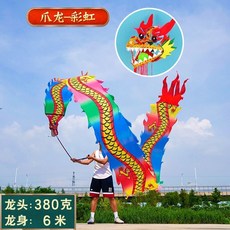 健身龍 鋼架龍 中老年彩帶舞龍 運動龍頭彩綢, 1個, 6米綢佈七彩爪龍 380剋龍頭 ,配鏤空鋼架龍頭 全套