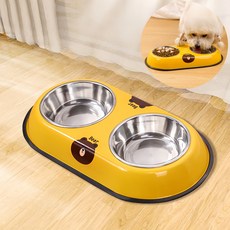 강아지 고양이 겸용 스테인리스 밥그릇 2구 분리형 애완동물 식기, 옐로