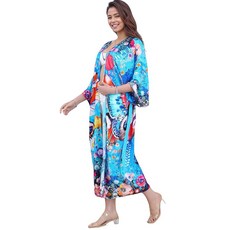 Vervsolys 해변 기모노 커버업 긴 꽃무늬 프린트 수영복 커버업 보헤미안 여름 비치웨어 (블루 프리 사이즈)