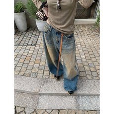 【California Factory】復古廢土風泛黃彎刀牛仔褲，獨特設計，個性時尚，修身顯瘦, 藍色,M, 1個