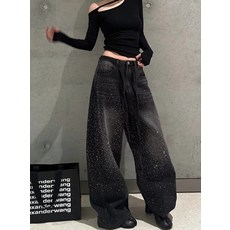 해피유통 여성 고급 진주 장식 와이드 청바지 스트 패션 데님 팬츠 봄 가을