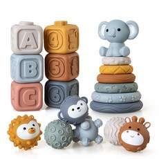 臺灣出貨 嬰幼兒手抓球玩具 軟膠方塊積木疊疊圈 捏捏手感球 堆疊玩具, 大象方塊疊疊樂手感球套裝（19PCS), 1個