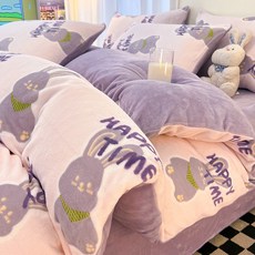 秋冬厚牛奶絨四件套 舒爽絨可裸睡 兒童/成人床包組, 紫韻兔兔【加厚牛奶絨 親膚保暖】,1.8m米床笠款四件套