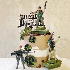 군사 특수부대를 테마로 한 케이크 장식 탱크 헬리콥터 전투기 M16 모형 총, 펠트 사과나무 한 그루