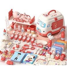醫生遊戲組 醫生玩具 小醫生 醫生遊戲 仿真醫療箱 聽診器 聲光玩具 看病套裝 看醫生玩具 家家酒 生日禮物 節日禮物, 1個, 粉色升級救護車【74件套】送娃娃+床,護士服醫生服, 粉色