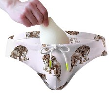 남성용 수영 브리프 포치 벌지 인핸싱 수영복 컨버 컵 파우치 포함 남성 비키니 패딩 섹시 속옷 인핸서 남성용 레오파드 테마 + 스폰지 커버