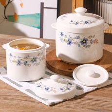 釉下彩陶瓷隔水燉盅雙耳帶蓋家用蒸蛋燉湯盅, 500ml雙蓋燉盅:1個