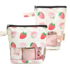 세맘스 방수 투명TPU 수건파우치+양치컵파우치, 딸기라떼