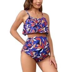 DEBELLY 임산부 비키니 세트 투피스 수영복 러플 여성용 수영복 하이 웨이스트 빈티지 임산부 수영복 오렌지 화이트 플라워 XL, 블루 옐로우 플로럴