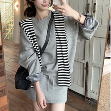 [에이진] 체크 소매 맨투맨 스커트 세트 (2colors)