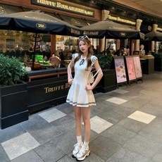 Yellwel 여성용 여름 니트 원피스 슬림핏 반팔 원피스 패션 여성용 플레어 원피스 DJP