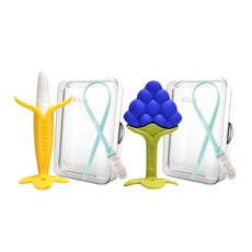 ange 香蕉造型固齒器+葡萄造型手環固齒器+收納盒 2入+奶嘴鍊夾 2入 隨機出貨, 單色, 無奶嘴
