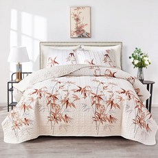 보태니컬 퀼트 세트 3피스 사이즈 화이트 6CM 228 228 플라워 브랜치 바탕에 사계절용 6CM 경량 양면 블루 세트 커버 90 침대 극세사 침대보 부드러운, 2 퀸90인치 x 90인치(퀼트 1개 + 베개 커버 2, 번트 오렌지 잎