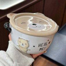 可愛小熊泡麪碗附蓋陶瓷學生湯碗 附叉勺, 1個, 小熊泡麪碗750ML,杏咖眯眼