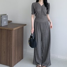 [원가이하한정수량세일]이나 브이넥 벌룬 소매 플리츠 와이드 밴딩 팬츠 세트