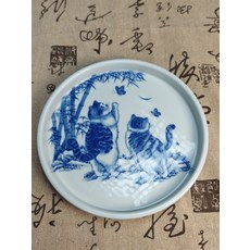 貓趣 雙貓壺承 釉下青花 直徑15cm, 商品主圖, 1個