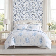 Laura Ashley - 트윈 이불 커버 세트 매칭 샴이 있는 플레인 위브 면 침구 버튼 잠금 일 년 내내 사용할 수 있는 경량 기숙사 필수품 Oeko-Tex 인증