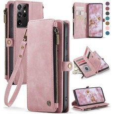 Defencase 여성용 RFID 차단 카드 홀더가 있는 Samsung Galaxy S21 Ultra 케이스 지갑 PU 가죽 자석 스냅 플립 지퍼 스트랩 지갑 케이스 5G