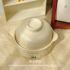 可愛熊貓雙耳泡麪碗陶瓷碗帶蓋大容量家用吃飯韓式ins學生宿舍, 走路熊貓, 2件套 碗1蓋1, 1個