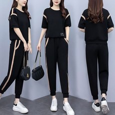 ORZQU 여름 여성용 루즈핏 트레이닝 세트 빅 사이즈 캐주얼 반팔티+조거 팬츠 투피스 중년 여자 상하 세트