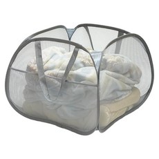 접이식 팝업 메시 세탁 바구니 90L 대형 사각형 넓은 입구 튼튼한 손잡이 및 측면 포켓 접이식 통기성 세탁 보관 캠핑 여행을 위한 공간 절약 (그레이), 접이식 팝업 메시 세탁 바구니, 90L 대형 사각형,