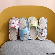 兒童棉麻布藝室內拖鞋，防滑耐磨卡通亞麻家居拖鞋，男童女童寶寶適用