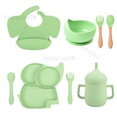 【新品促銷 熱賣品】大象分格兒童餐具套裝 嬰兒輔食餐盤 寶寶叉勺一體式兒童硅膠餐盤, Y2,大象餐盤+木柄勺子+叉子, 1個