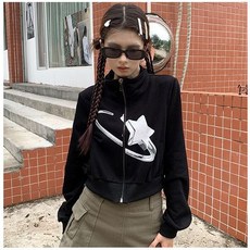 KOSAHIKI 여성용 빈티지 크롭 지퍼 후드 터틀넥 블랙 코트 스타 프린트 스웻셔츠 Y2k 미적 상의 하라주쿠 재킷