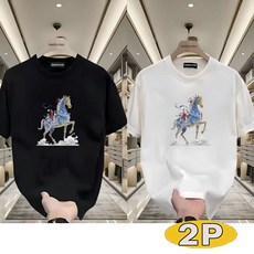 2P 남성 여름 반팔 티셔츠 루즈핏 동양풍 말 그래픽 프린팅 데일리 스트리트 상의