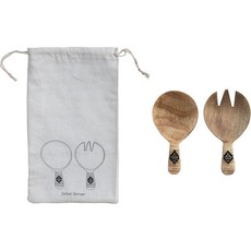 대나무로 감싼 손잡이와 프린트된 드로스트링 백이 있는 블루밍빌 7인치 망고 우드 샐러드 서버 내추럴 및 블랙 2개 세트