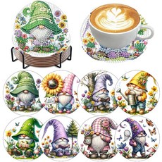 Mrpwnle 8팩 거북이 다이아몬드 아트 컵받침 키트 바다 거북 다이아몬드 페인팅 컵받침 키트 세트 홀더 코르크 패드 포함 DIY 다이아몬드 아트 미끄럼 방지 컵받침 공, Gnomes Flowers Coasters