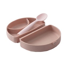 寶寶矽膠餐盤套裝，分格吸盤兒童餐具，安全無毒，用餐好幫手, 約旦玫瑰, 1個, 合掌包矽膠盒+湯匙