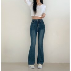 DANZY 彈力高腰半喇叭牛仔褲 97%棉質 透氣舒適, S [現貨]