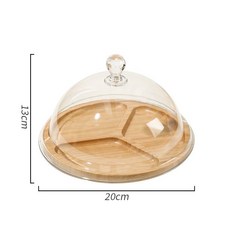 竹製展示盤附透明蓋, 1個, 8英寸三格竹盤+耐摔透明蓋